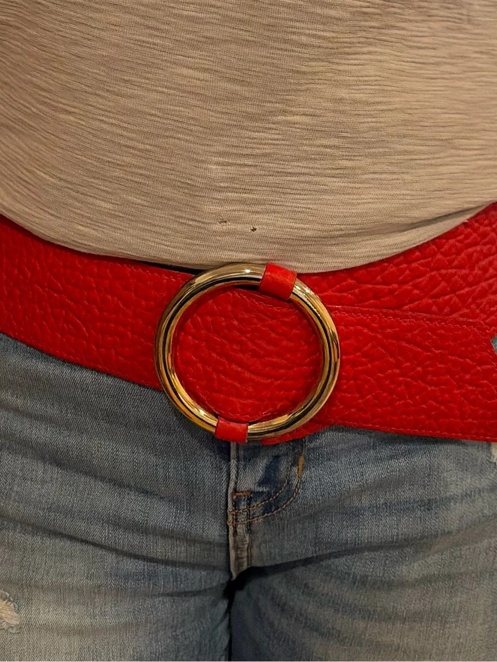 Vintage Cipriani Wide Tomato Red Buffalo Pebbled Gold Ring Buckle M/L Statement